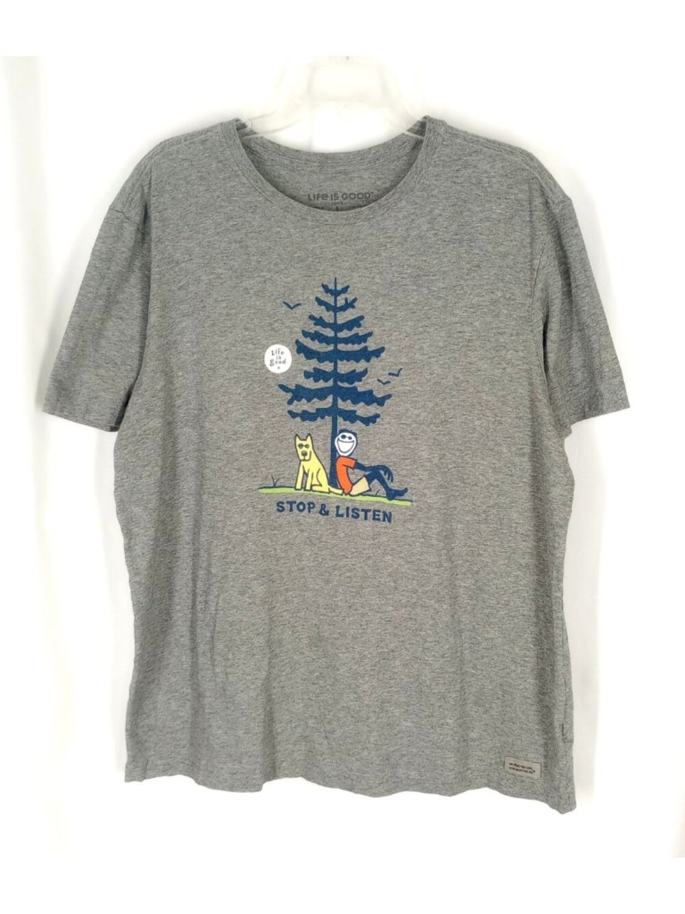 Mens Life is Good Stop & Listen Gray Crusher Tee Tshirt L Man Dog Tree